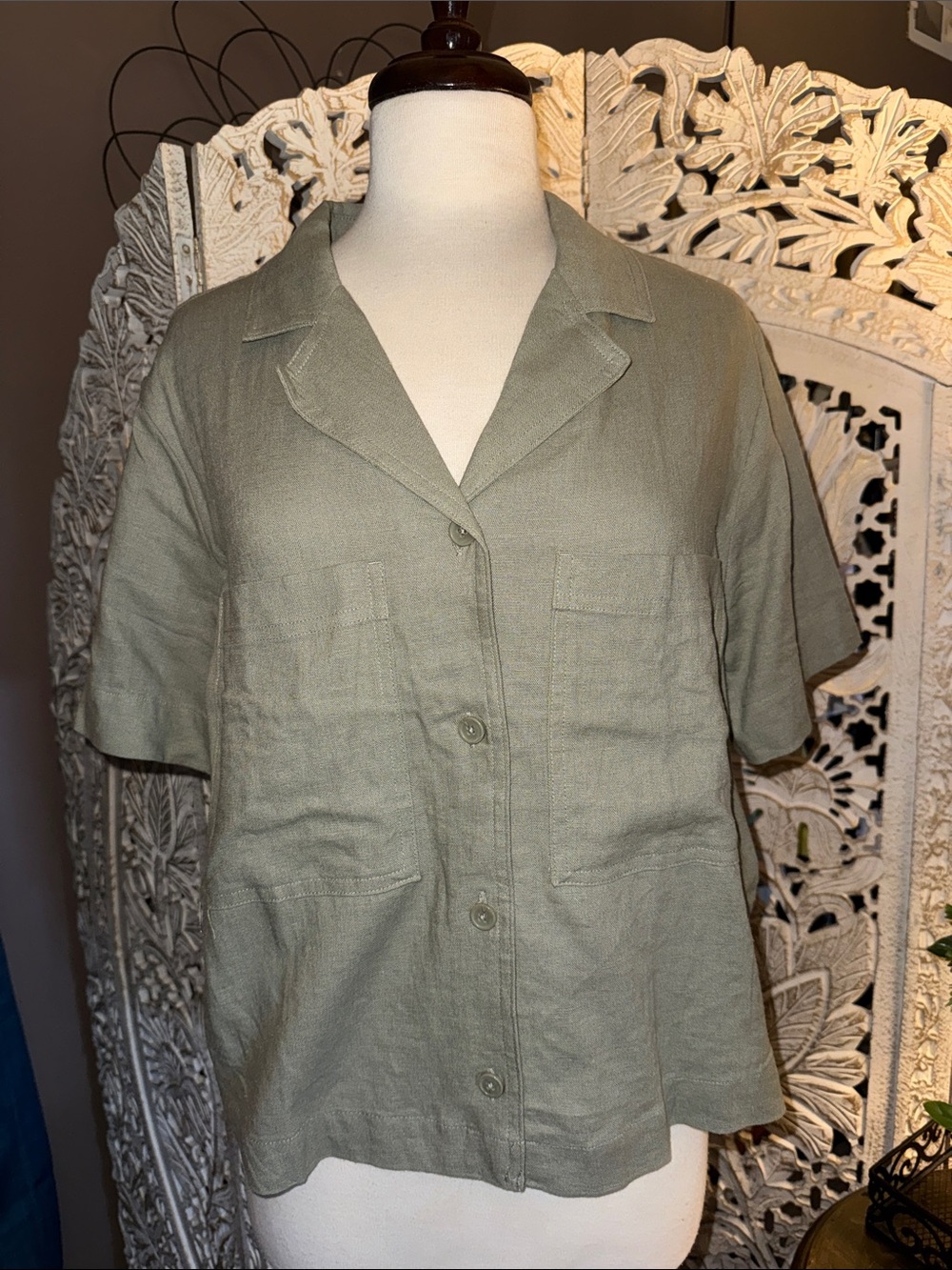 Olive Green Short-Sleeve Button Front Camp Shirt 55% linen